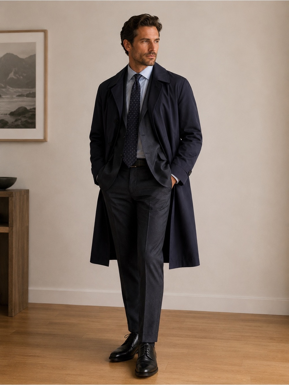 London Fog men trench overcoat parka blue water repellency wool blend liner 38S